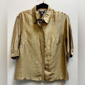 Lafayette 148 Bronze Green Linen Silk Button Up Blouse 3/4 Sleeve Size 10